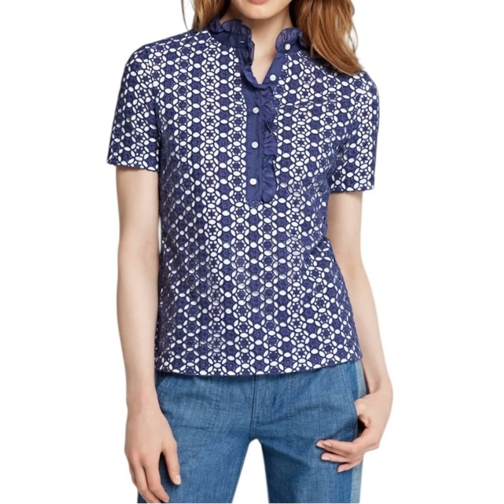 Tory Burch Blue Ruffle Collar Eyelet Overlay Polo Shirt Size Small